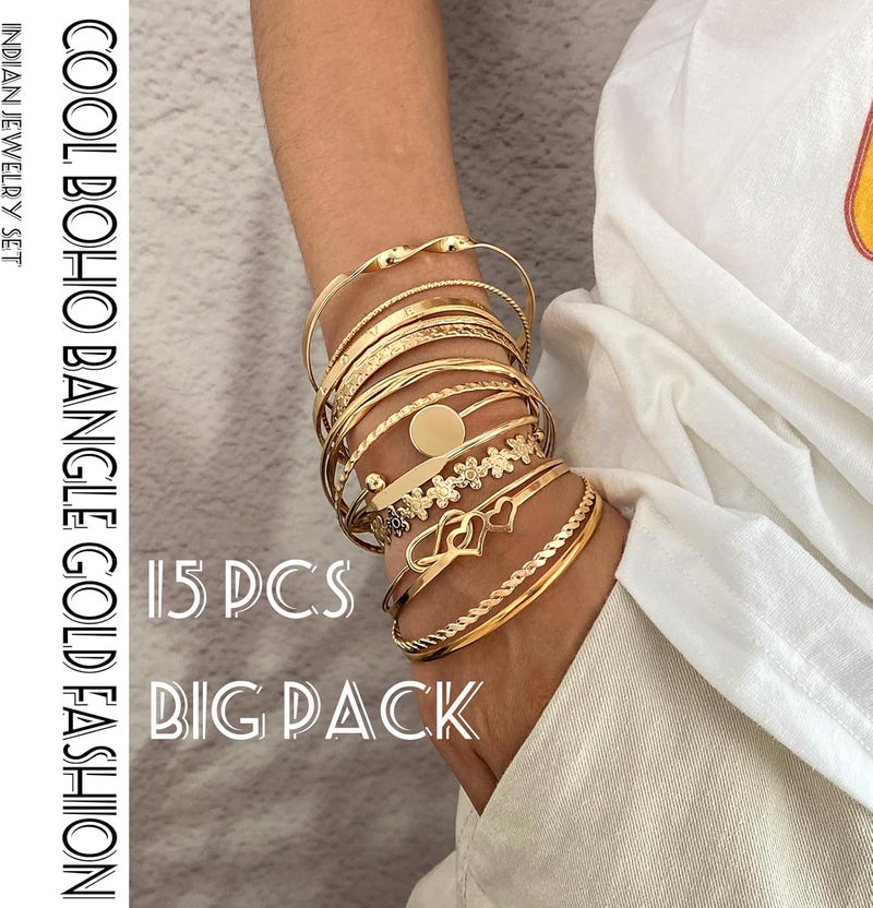 17IF Gold Bangle Bracelet For Women, 14k Multilayer Charm Textured Stackable Bracelets Boho Indian Chunky Cuff Fashion Jewelry Gift - Image 4